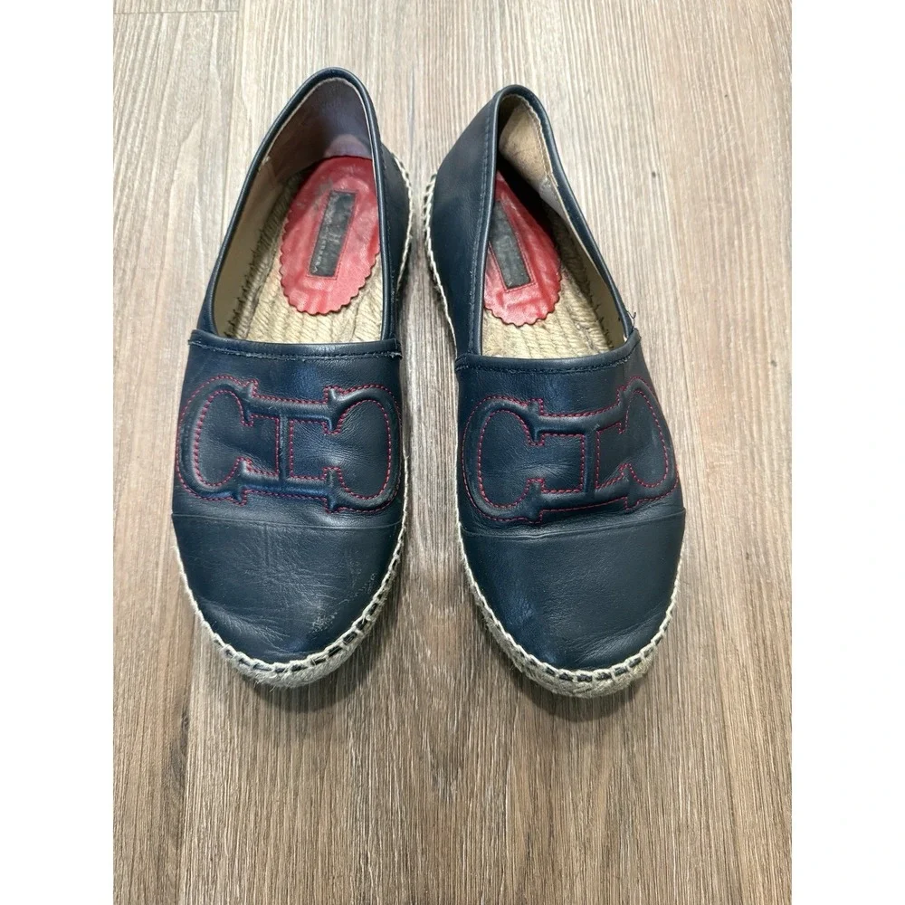 Carolina Herrera CH Initial Embossed Navy Glove Leather Espadrilles Flats Sz. 38